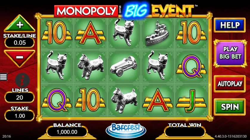 Monopoly Big Event da Barcrest – com RTP de 99,0%